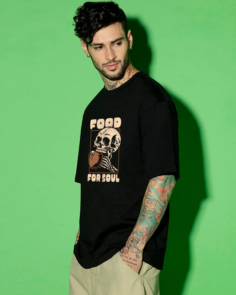 bewakoof Men's Black Feed For Soul Graphic Printed Oversized T-shirt